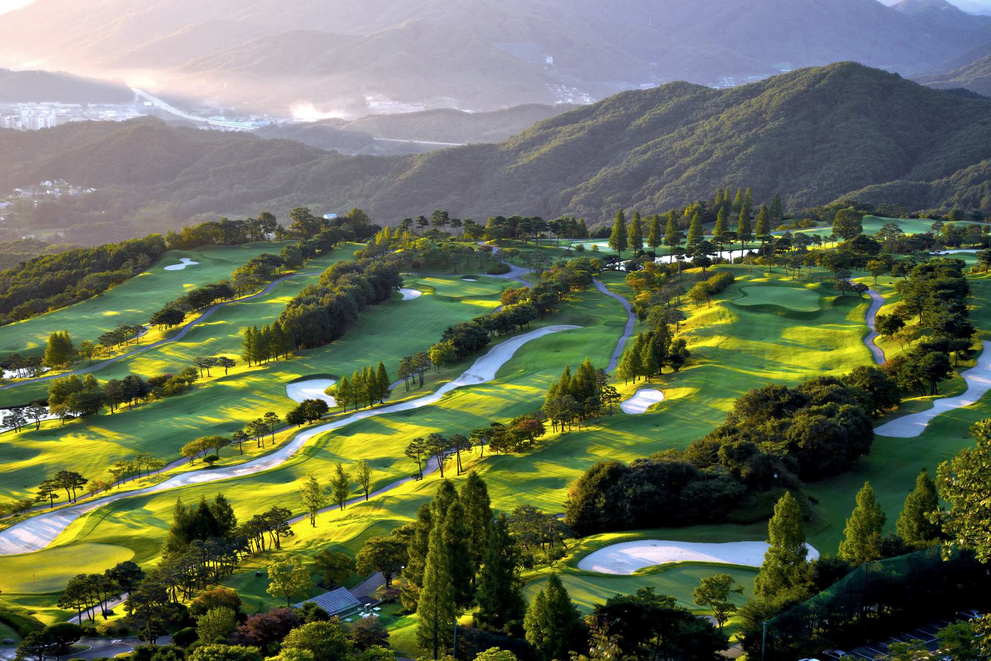 Fly over view of a green golf course