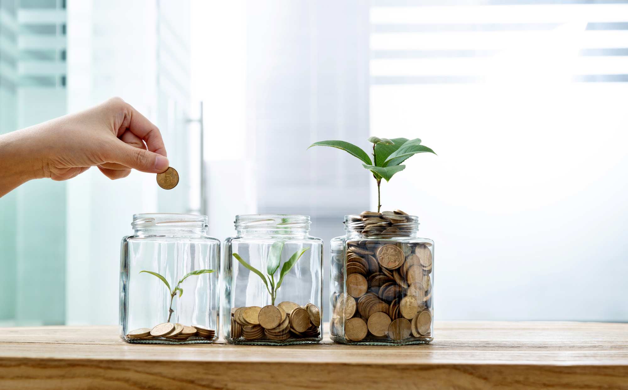 Glass jars with coins inside them